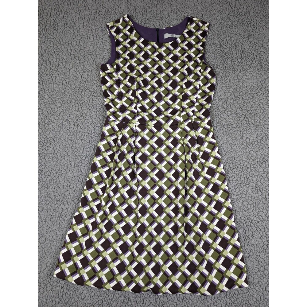 Eiki Midi Pleated Lined Dress Sleeveless Green Purple Geo Made in Italy Small